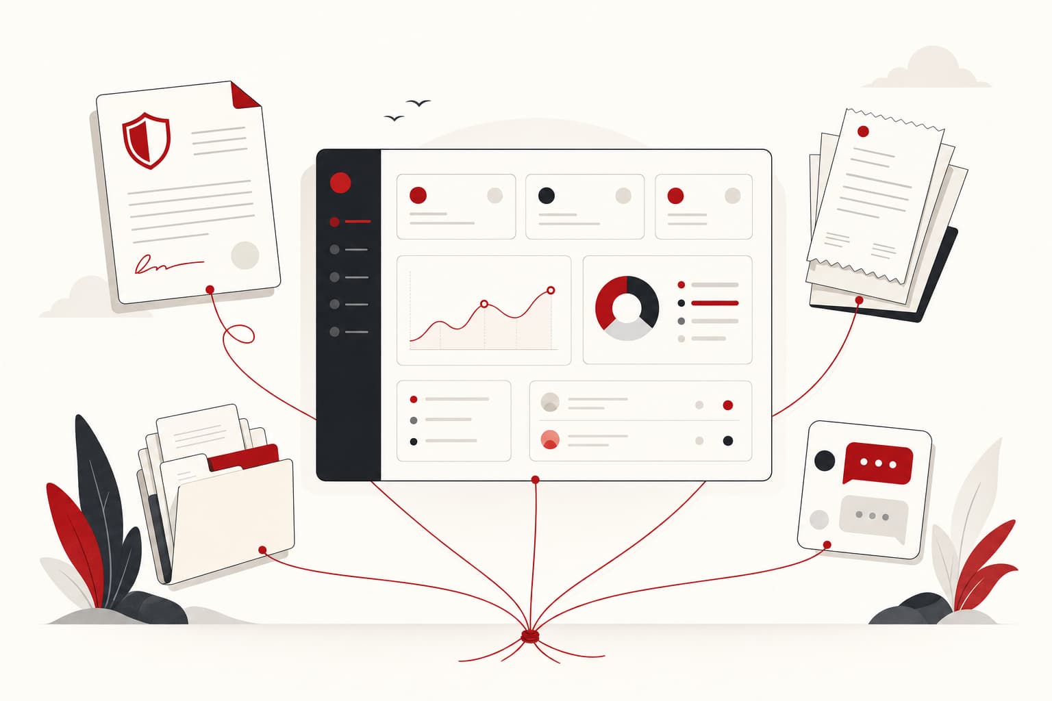 Ilustración del panel de control de un mediador de seguros en Tramap: pólizas, recibos y conversaciones ordenados